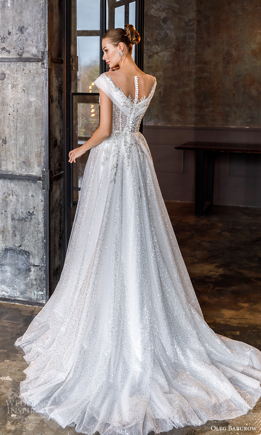 oleg baburow fall 2021 bridal cap sleeves straps off shoulder neckline fully embellished a line ball gown wedding dress chapel train (14) bv