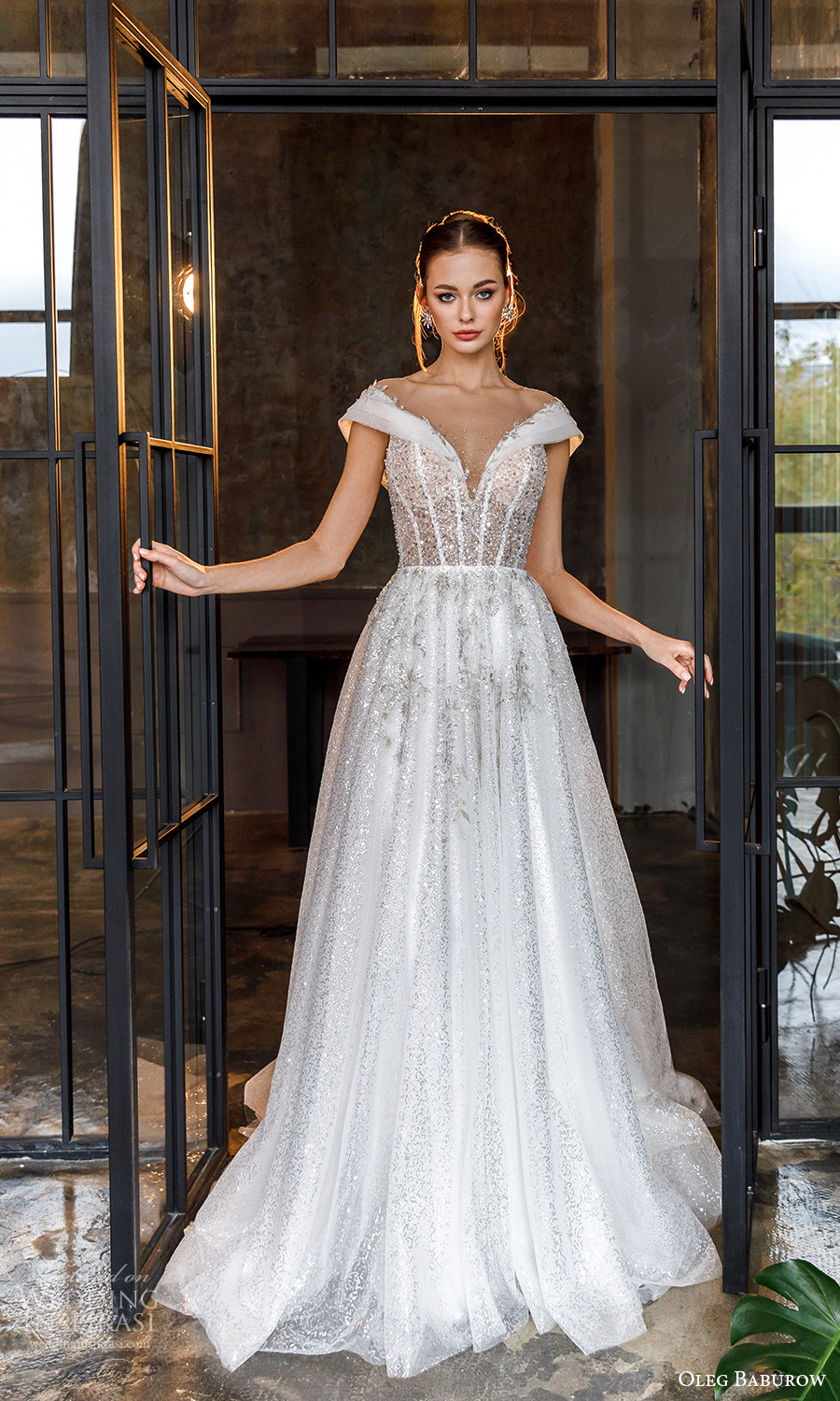 oleg baburow fall 2021 bridal cap sleeves straps off shoulder neckline fully embellished a line ball gown wedding dress chapel train (14) mv