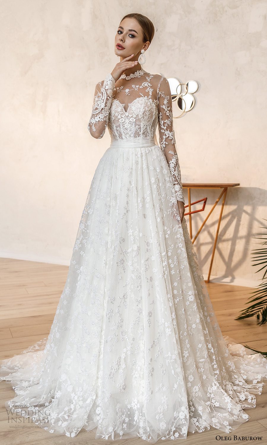 oleg baburow fall 2021 bridal illusion long sleeves sheer high neck sweetheart neckline fully embellished a line ball gown wedding dress chapel train (6) mv