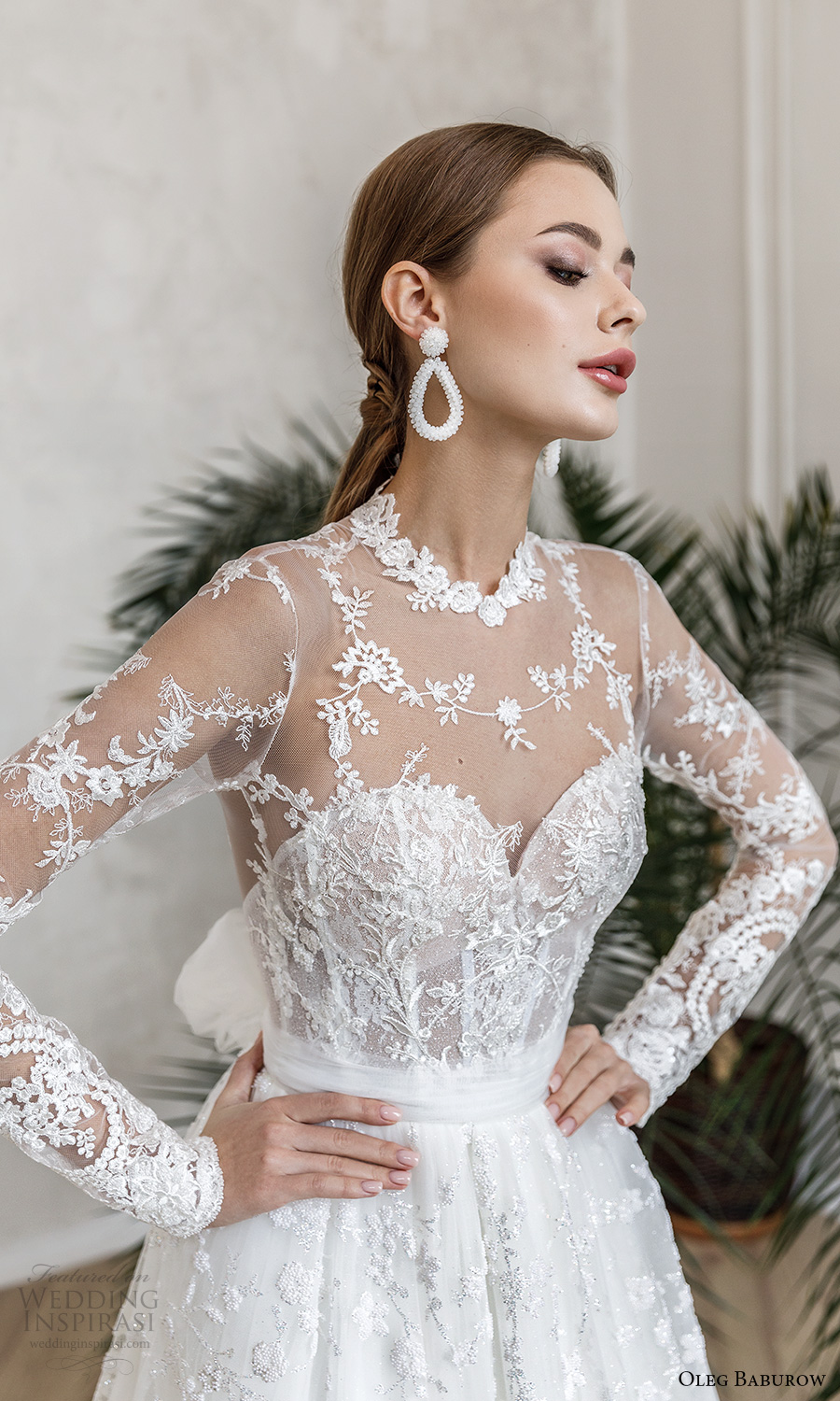 oleg baburow fall 2021 bridal illusion long sleeves sheer high neck sweetheart neckline fully embellished a line ball gown wedding dress chapel train (6) zv