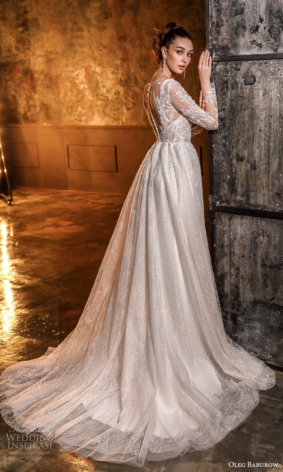 oleg baburow fall 2021 bridal illusion long sleeves sweetheart neckline fully embellished a line ball gown wedding dress chapel train (21) bv