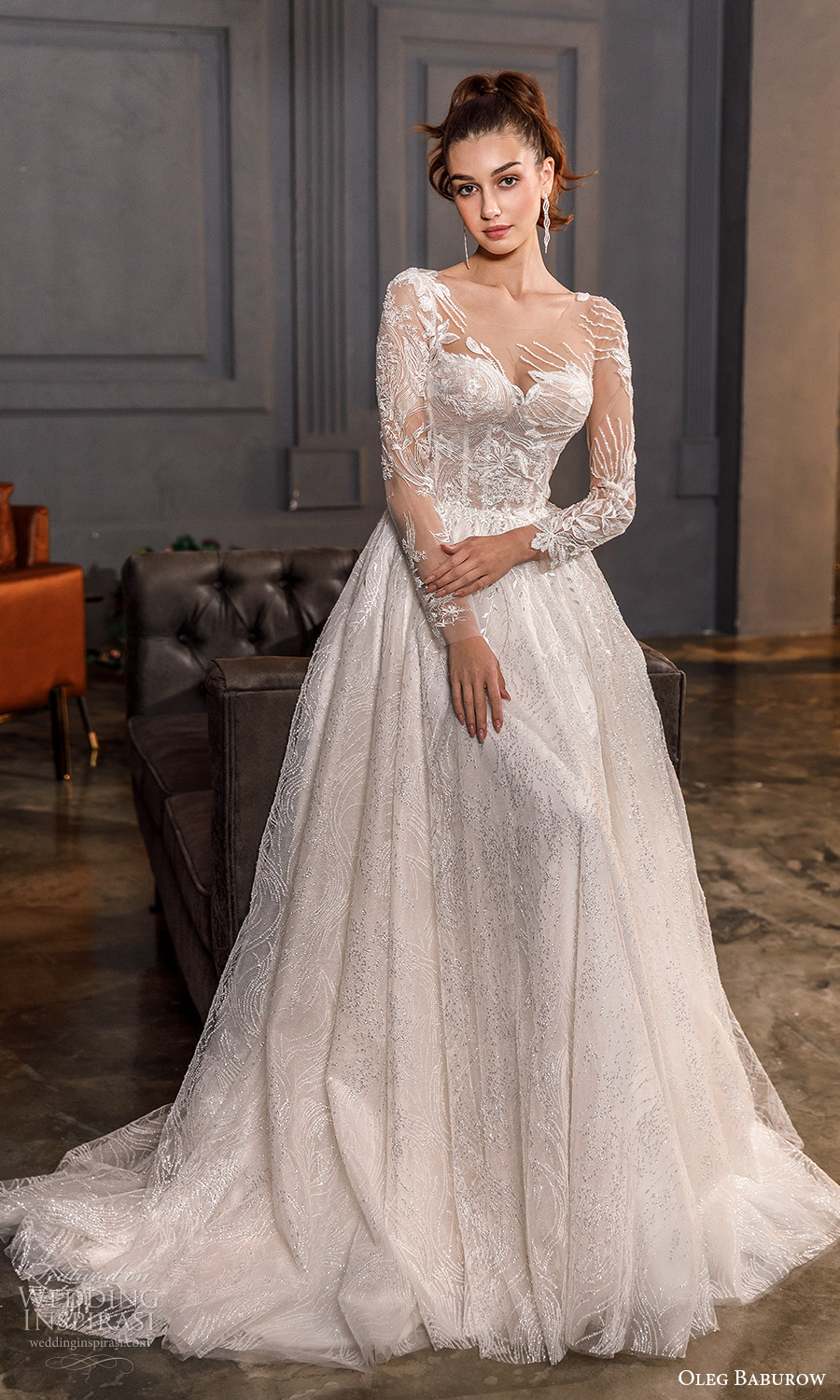 oleg baburow fall 2021 bridal illusion long sleeves sweetheart neckline fully embellished a line ball gown wedding dress chapel train (21) mv