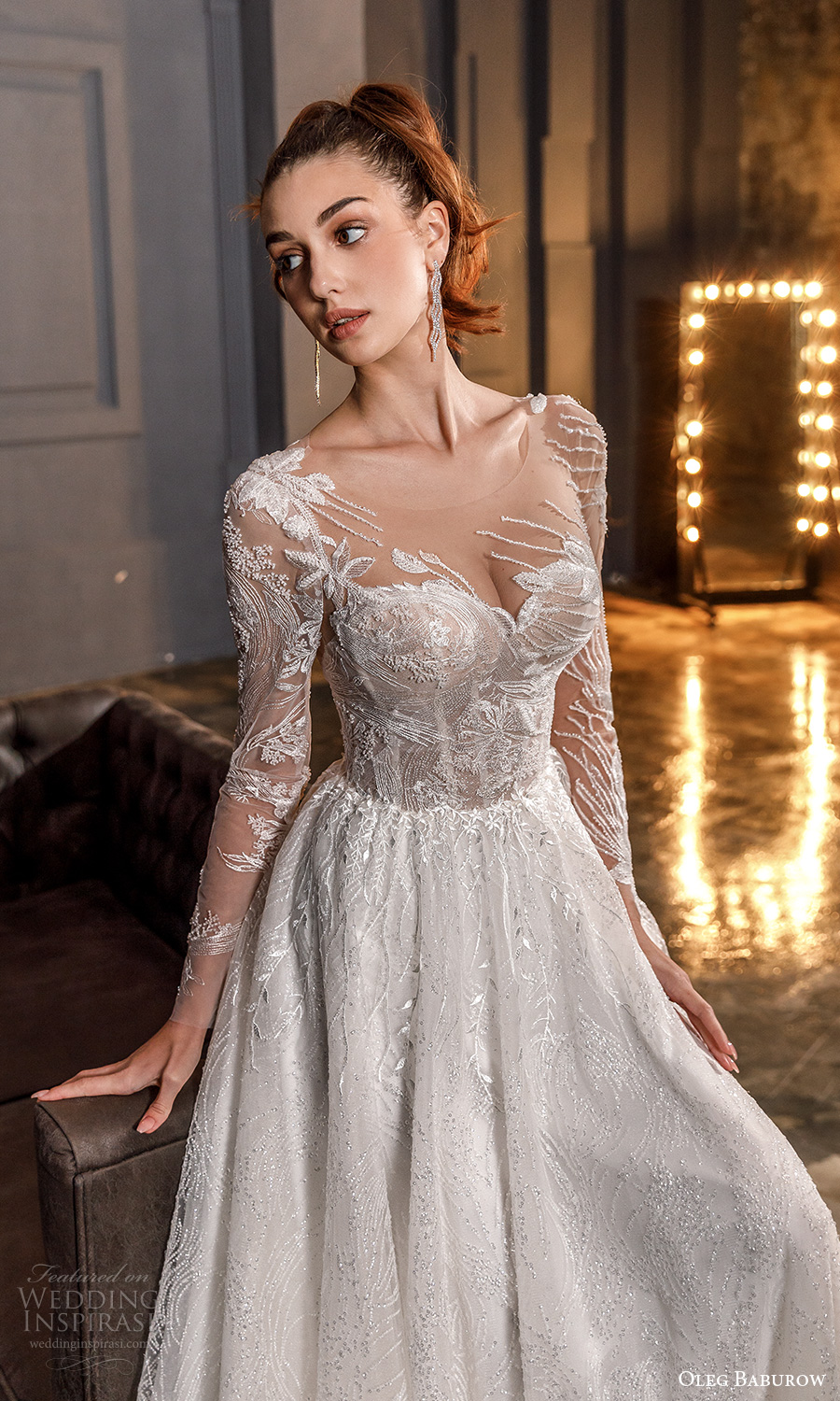 oleg baburow fall 2021 bridal illusion long sleeves sweetheart neckline fully embellished a line ball gown wedding dress chapel train (21) zv