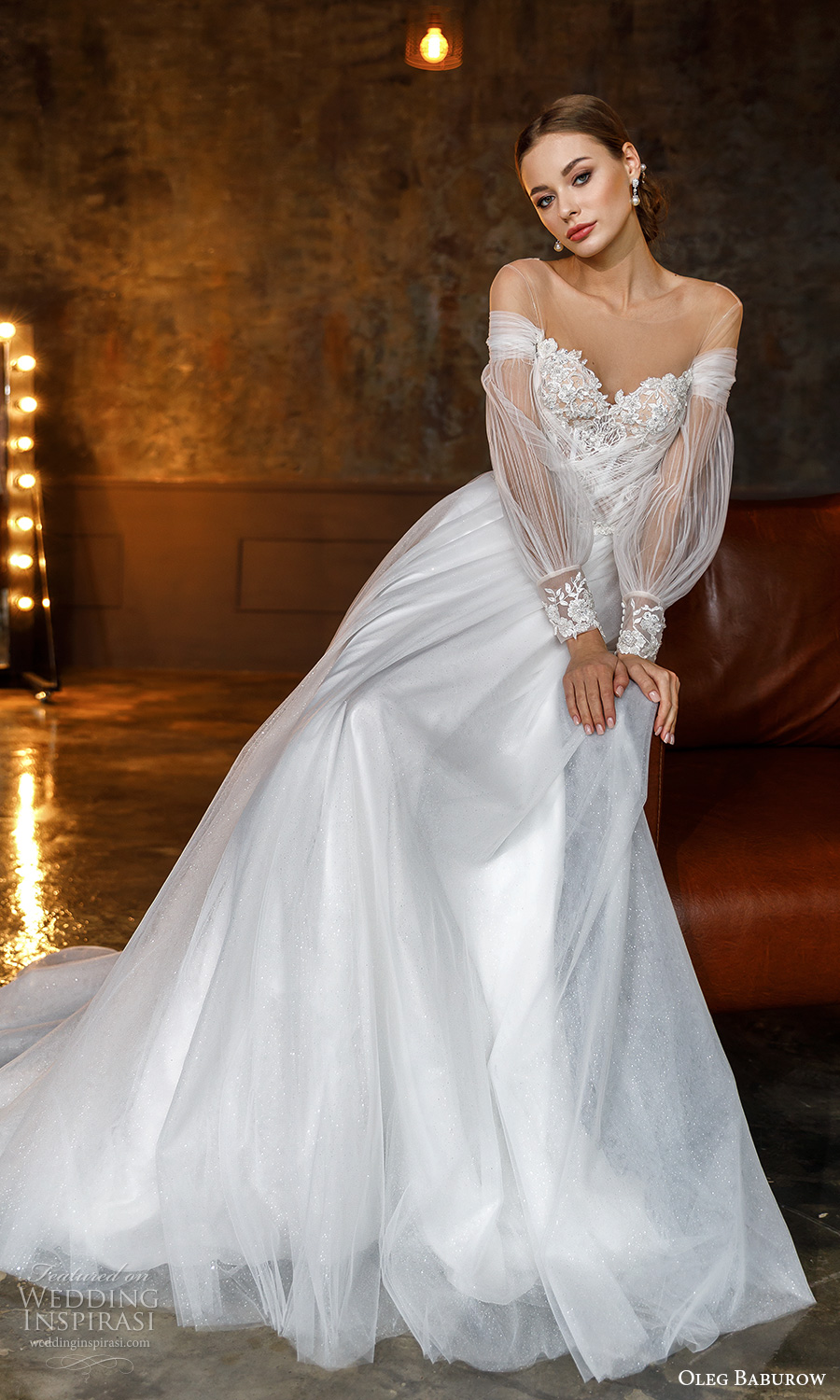 oleg baburow fall 2021 bridal long bishop sleeves off shoulder sweetheart neckline heavily embellished bodice a line ball gown wedding dress chapel train (12) mv