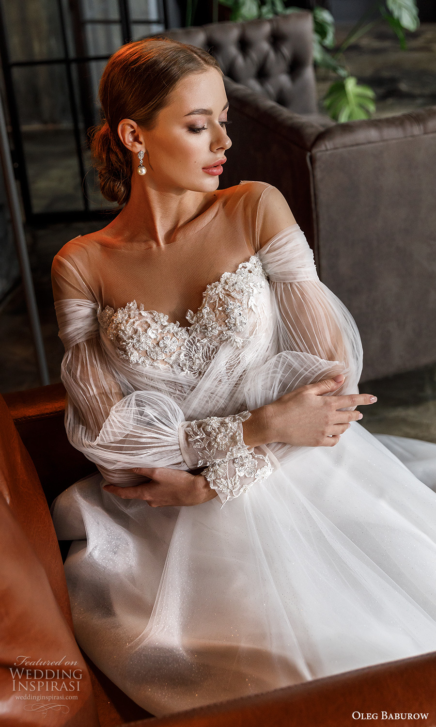 oleg baburow fall 2021 bridal long bishop sleeves off shoulder sweetheart neckline heavily embellished bodice a line ball gown wedding dress chapel train (12) zv