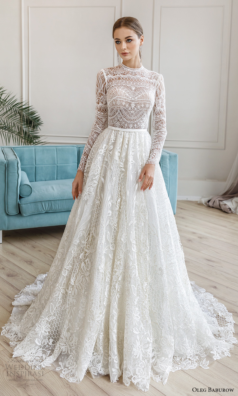 oleg baburow fall 2021 bridal long sleeves jewel neckline fully embellished a line ball gown wedding dress chapel train (2) mv