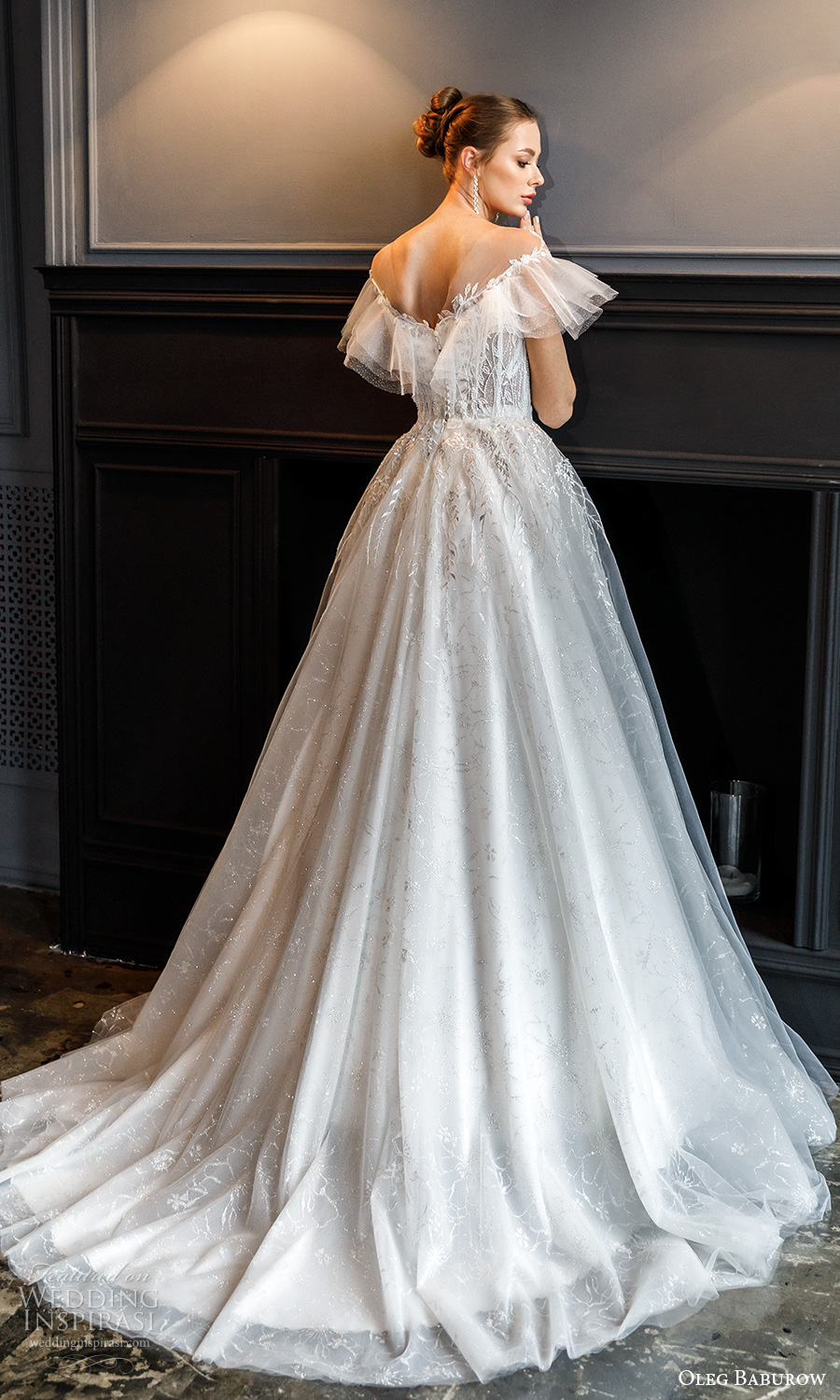 oleg baburow fall 2021 bridal off shoulder flutter sleeves sweetheart neckline fully embellished a line ball gown wedding dress chapel train (11) bv