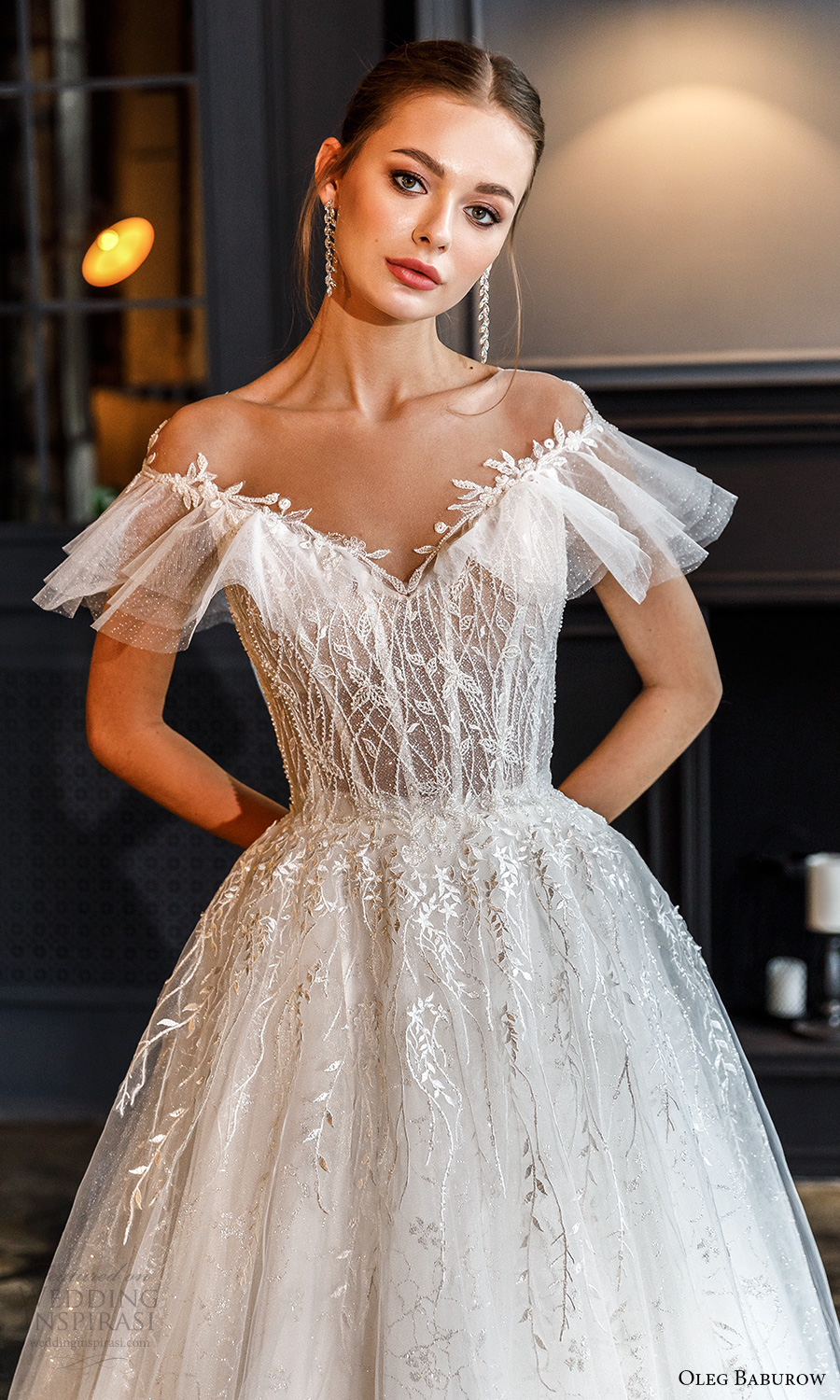 oleg baburow fall 2021 bridal off shoulder flutter sleeves sweetheart neckline fully embellished a line ball gown wedding dress chapel train (11) mv