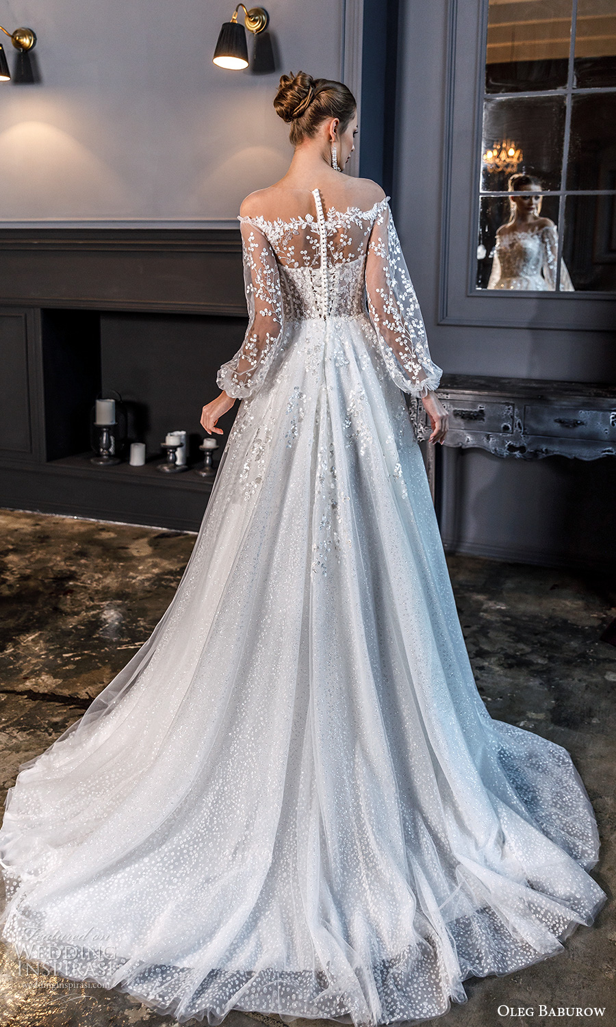 oleg baburow fall 2021 bridal sheer bishop sleeves off shoulder sweetheart neckline fully embellished a line ball gown wedding dress chapel train (22) bv