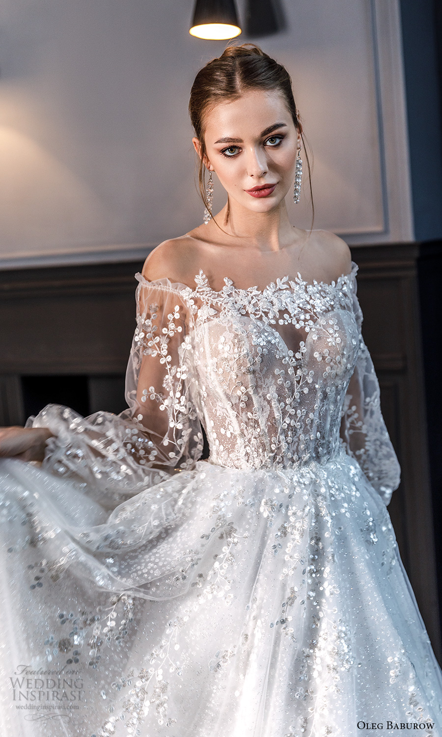 oleg baburow fall 2021 bridal sheer bishop sleeves off shoulder sweetheart neckline fully embellished a line ball gown wedding dress chapel train (22) mv