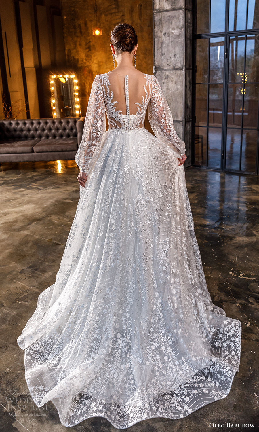 oleg baburow fall 2021 bridal sheer bishop sleeves pluging v neckline fully embellished a line wedding dress chapel train (18) bv