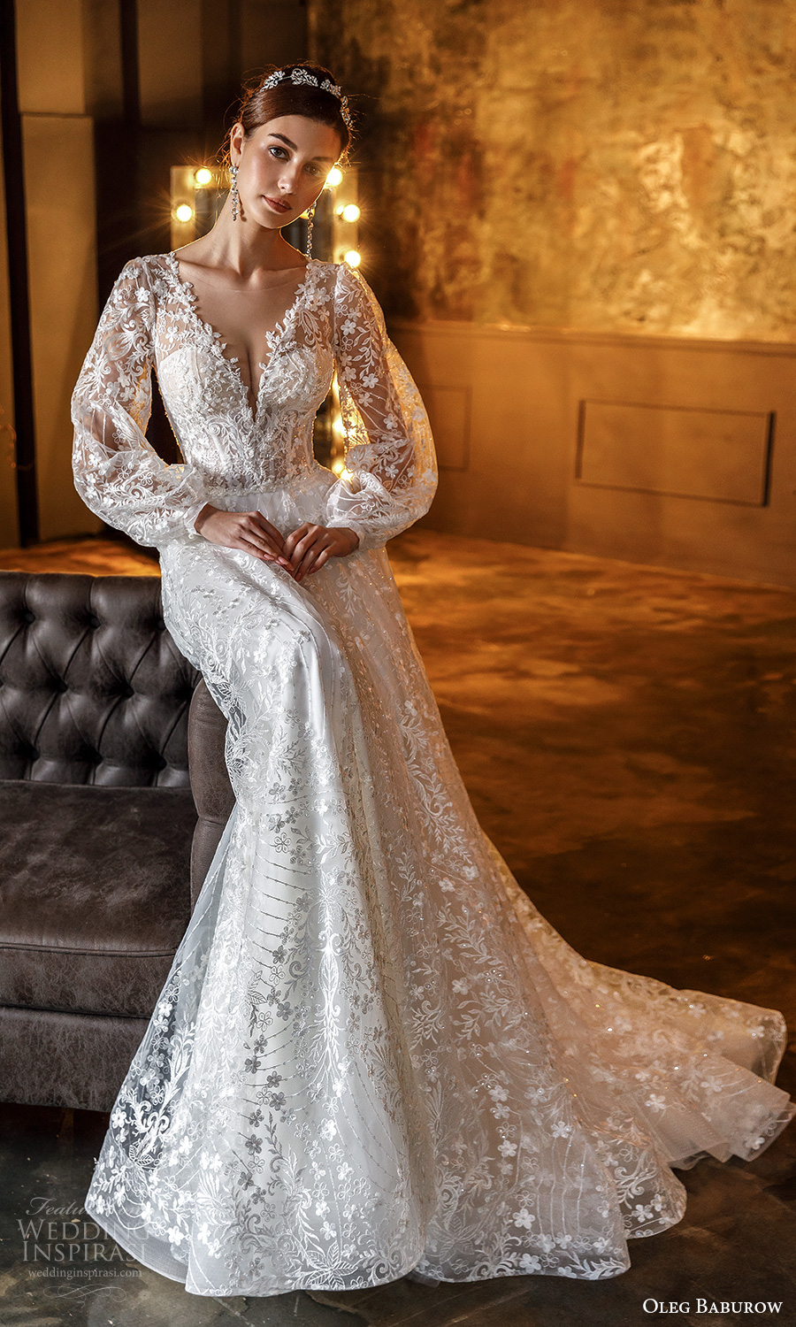 oleg baburow fall 2021 bridal sheer bishop sleeves pluging v neckline fully embellished a line wedding dress chapel train (18) mv