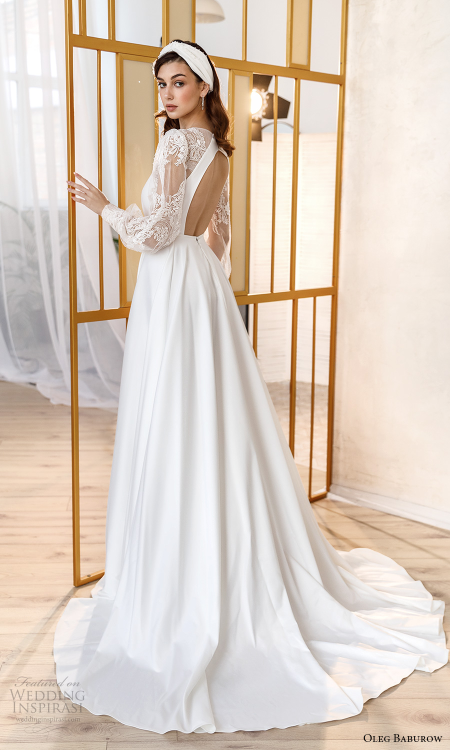 oleg baburow fall 2021 bridal sheer bishop sleeves plunging v neckline clean bodice a line wedding dress slit skirt chapel train cutout back (5) bv