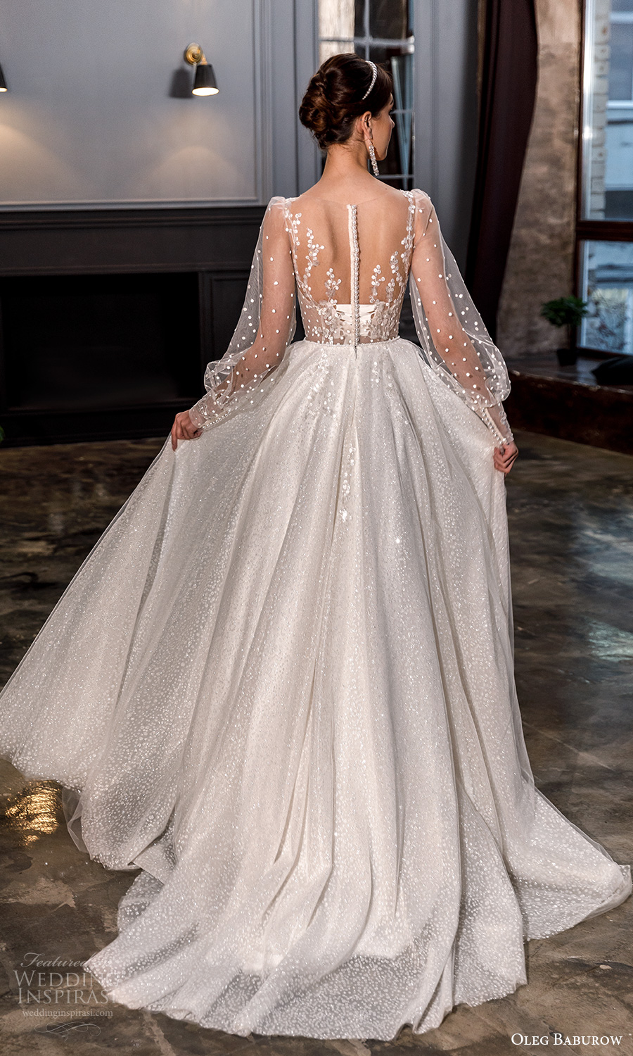 oleg baburow fall 2021 bridal sheer bishop sleeves plunging v neckline fully embellishd princess a line ball gown wedding dress chapel train (19) bv