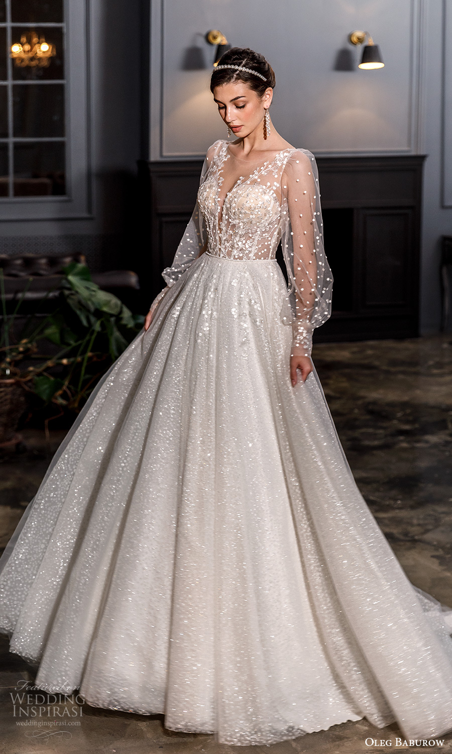 oleg baburow fall 2021 bridal sheer bishop sleeves plunging v neckline fully embellishd princess a line ball gown wedding dress chapel train (19) mv