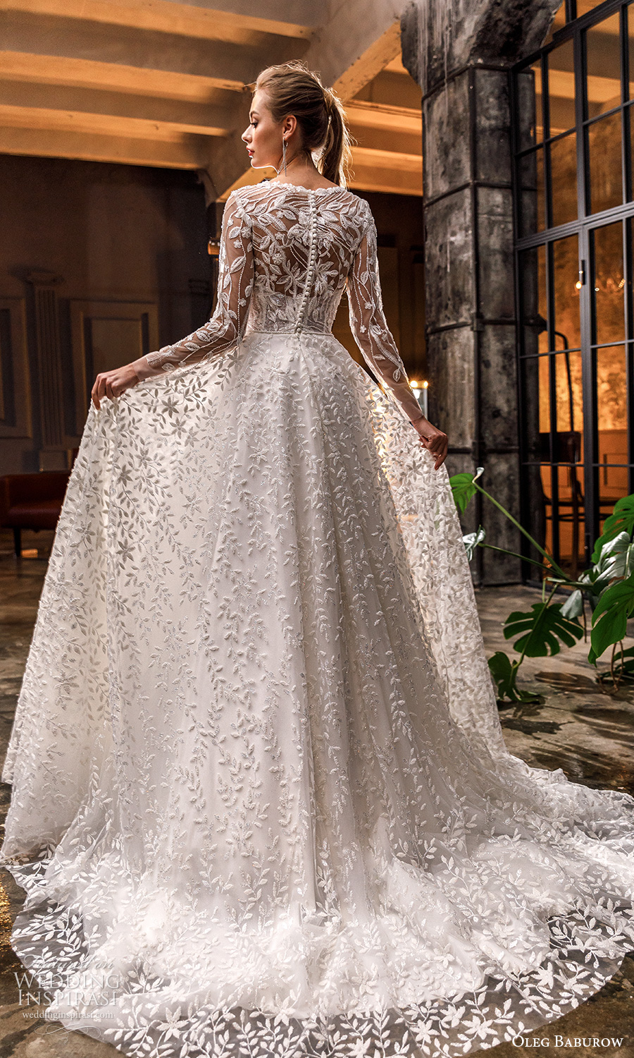 oleg baburow fall 2021 bridal sheer long sleeve jewel crew neckline fully embellished a line ball gown wedding dress chapel train (20) bv