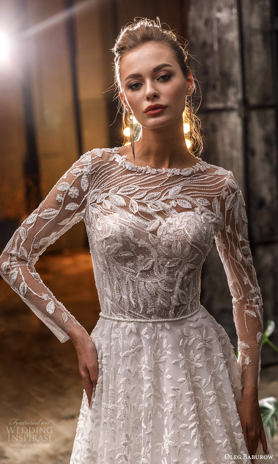 oleg baburow fall 2021 bridal sheer long sleeve jewel crew neckline fully embellished a line ball gown wedding dress chapel train (20) mv