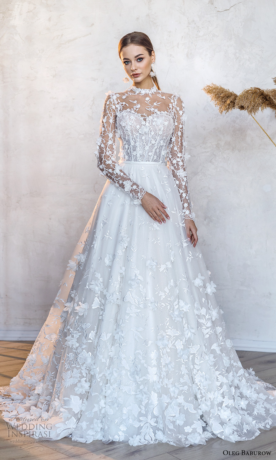 oleg baburow fall 2021 bridal sheer long sleeves illusion high neck sweetheart neckline fully embellished a line ball gown wedding dress chapel train (8) mv