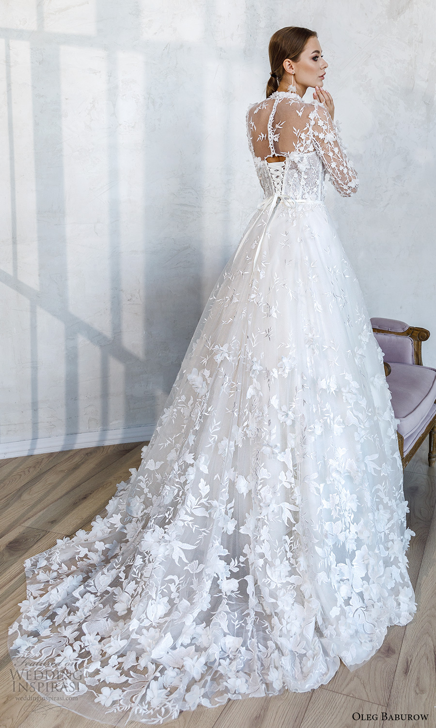 oleg baburow fall 2021 bridal sheer long sleeves illusion high neck sweetheart neckline fully embellished a line ball gown wedding dress chapel train corset back (8) bv