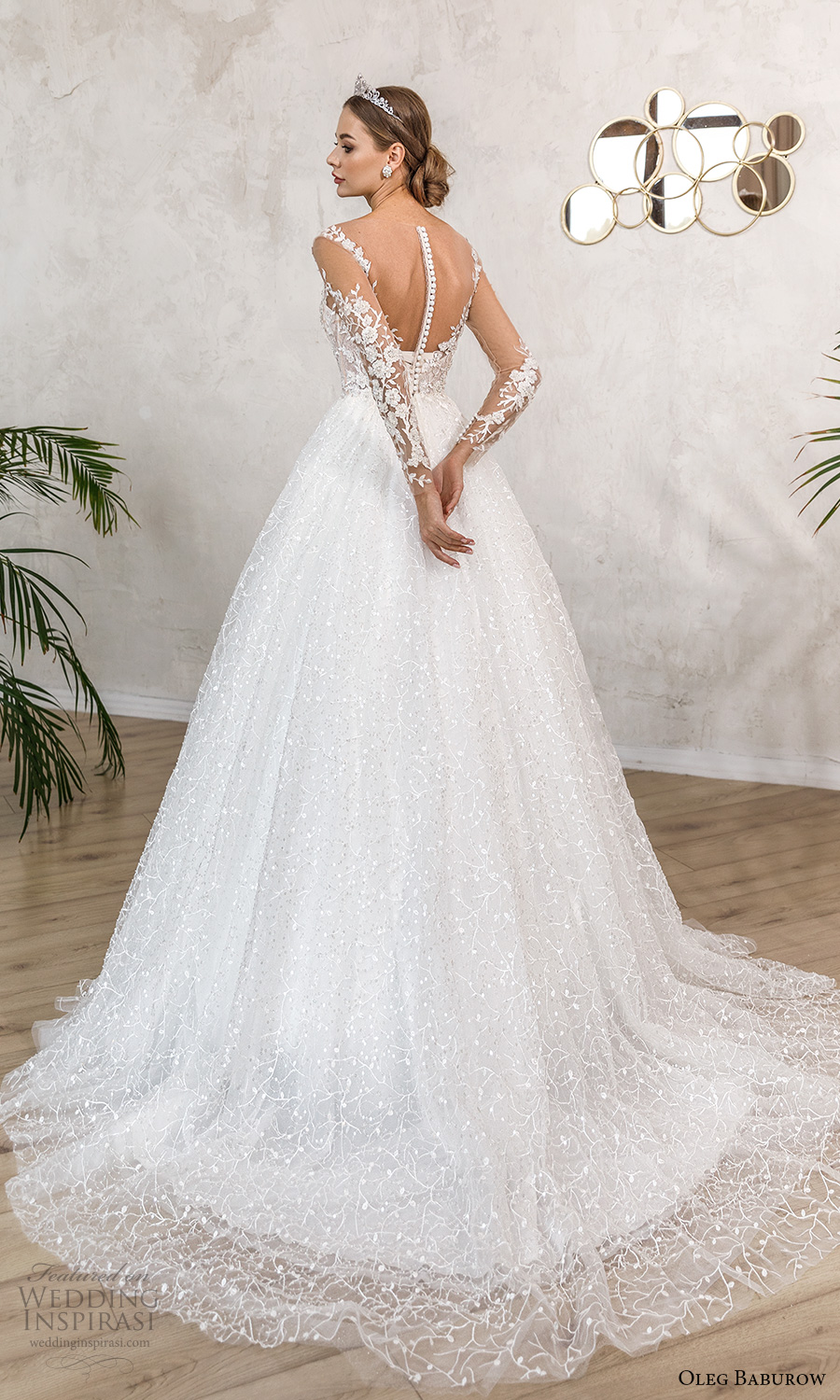 oleg baburow fall 2021 bridal sheer long sleeves illusion sweetheart neckline fully embellished lace a line ball gown wedding dress chapel train (7) bv