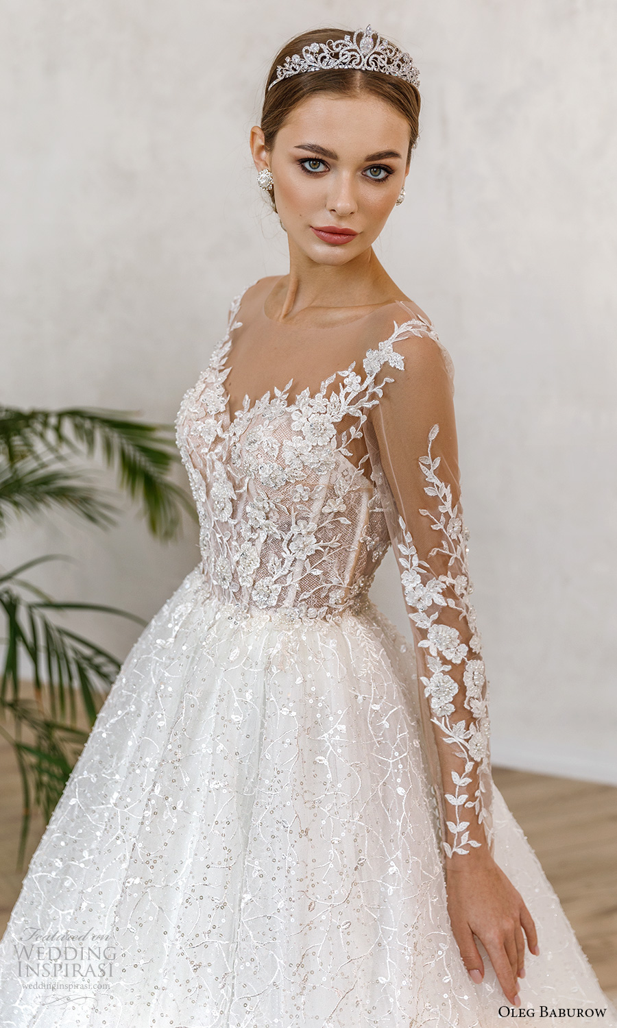 oleg baburow fall 2021 bridal sheer long sleeves illusion sweetheart neckline fully embellished lace a line ball gown wedding dress chapel train (7) zv