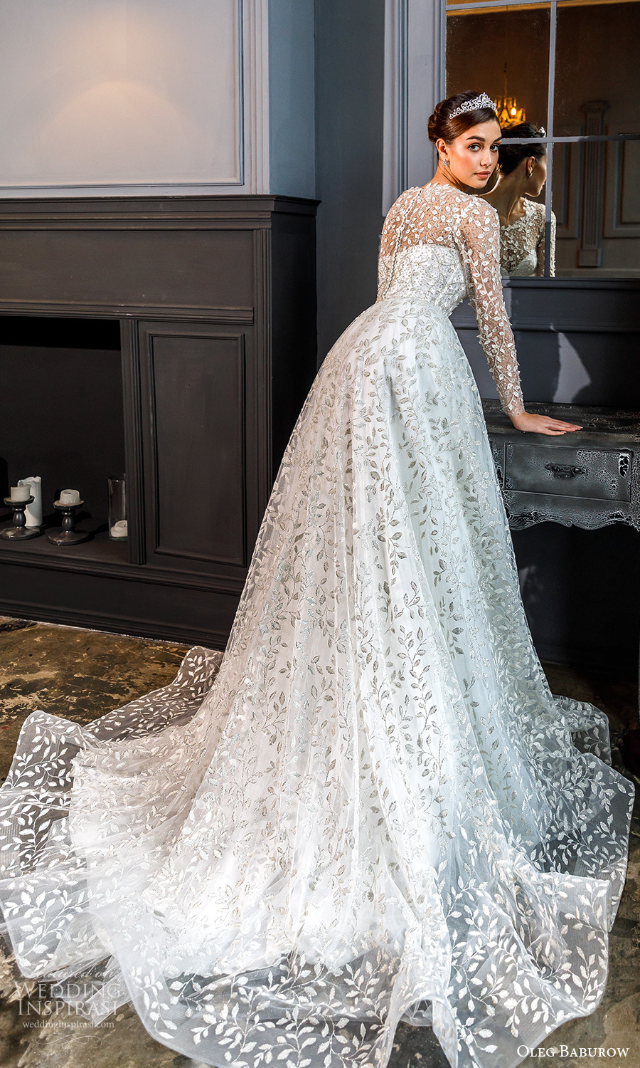 oleg baburow fall 2021 bridal sheer long sleeves jewel neckline fully embellished a line ball gown wedding dress chapel train (15) bv