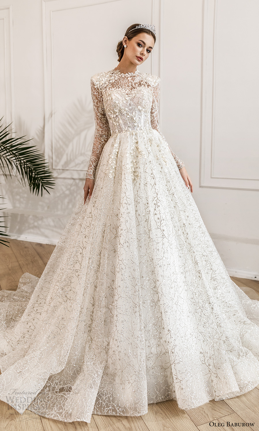 oleg baburow fall 2021 bridal sheer long sleeves jewel neckline fully embellished a line ball gown wedding dress chapel train (4) mv