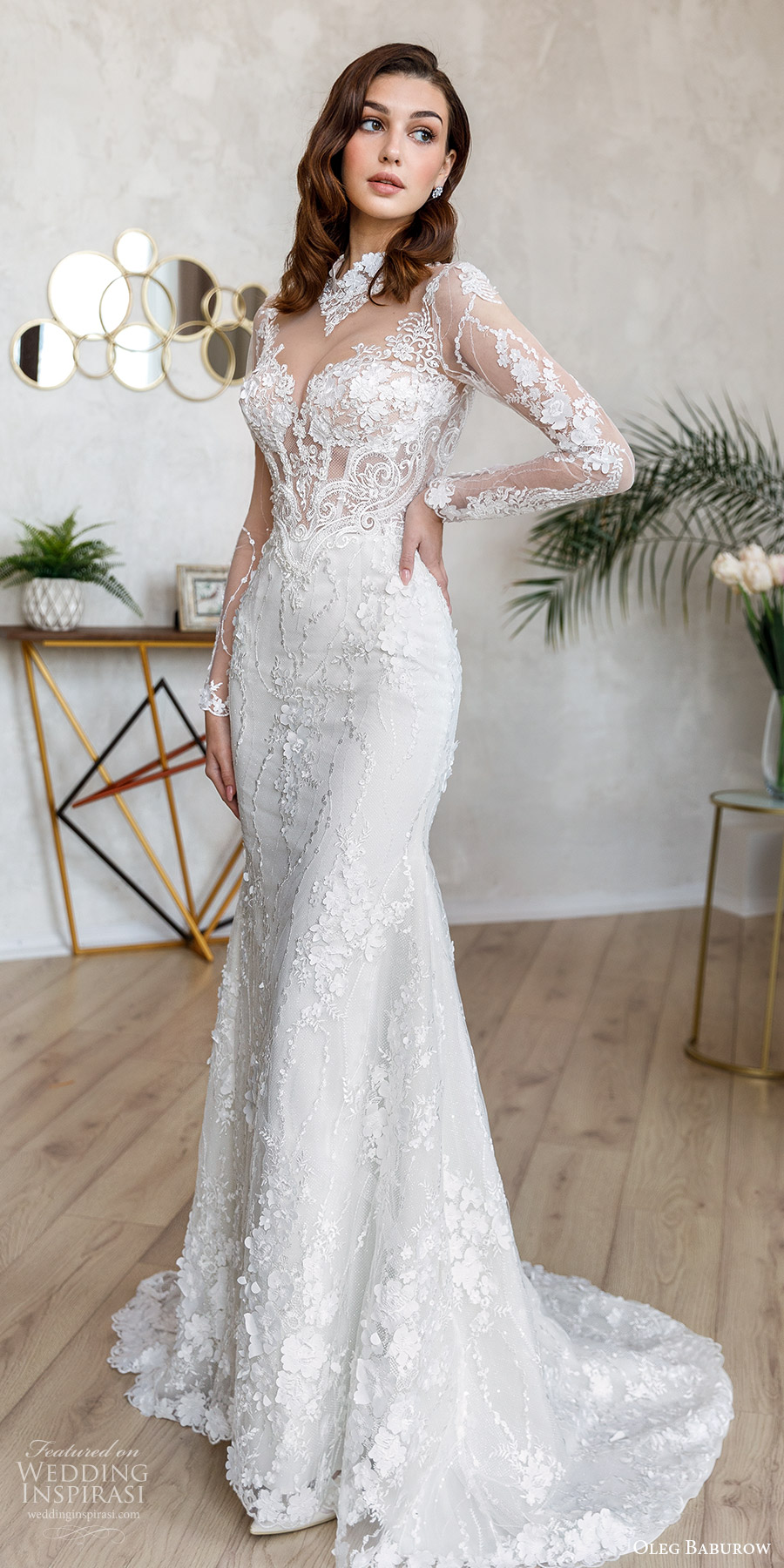 oleg baburow fall 2021 bridal sheer long sleeves jewel neckline sheer cutout sweetheart bodice lace sheath wedding dress chapel train (1) mv