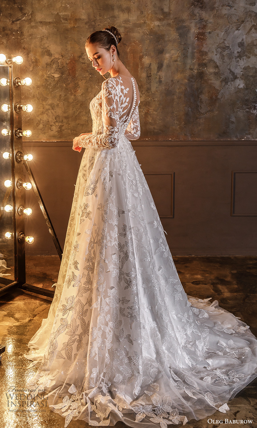 oleg baburow fall 2021 bridal sheer long sleeves sweetheart neckline fully embellished a line ball gown wedding dress illusion back chapel train (16) bv