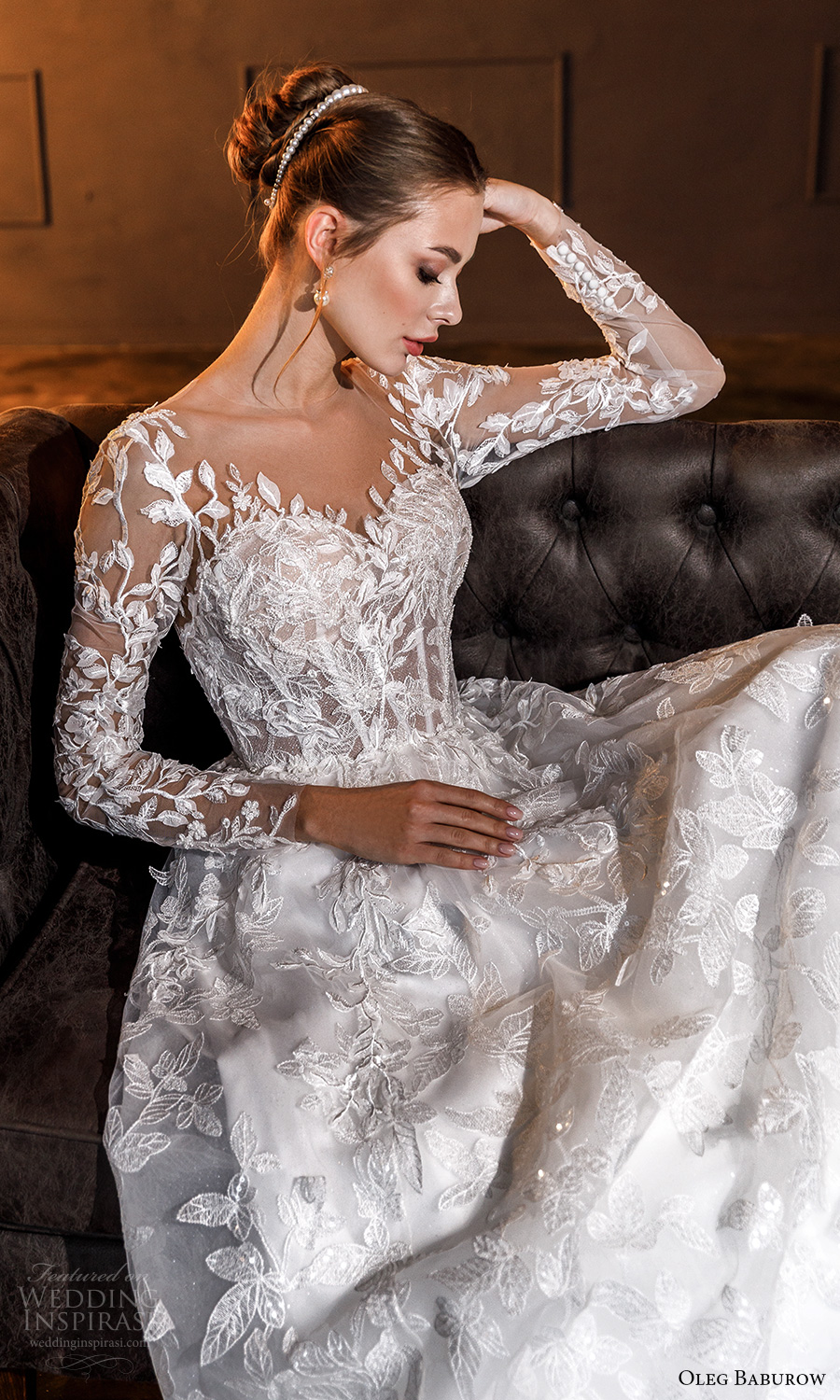 oleg baburow fall 2021 bridal sheer long sleeves sweetheart neckline fully embellished a line ball gown wedding dress illusion back chapel train (16) zv