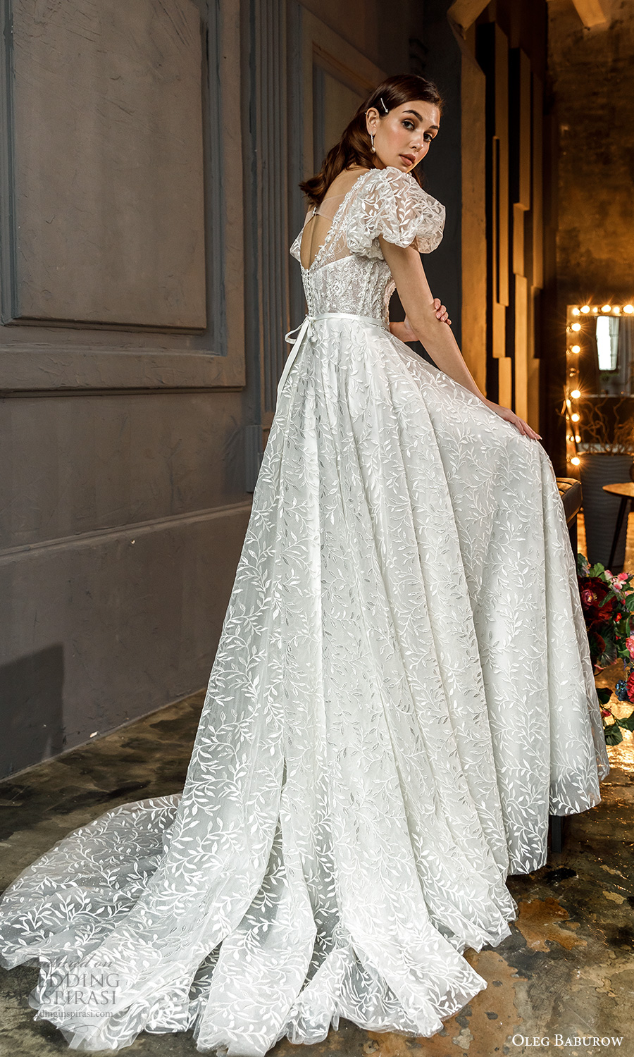 oleg baburow fall 2021 bridal short puff sleeves square neckline fully embellished a line ball gown wedding dress chapel train (13) bv