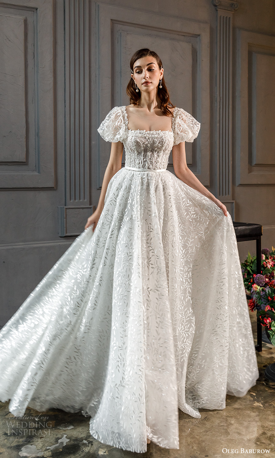 oleg baburow fall 2021 bridal short puff sleeves square neckline fully embellished a line ball gown wedding dress chapel train (13) mv