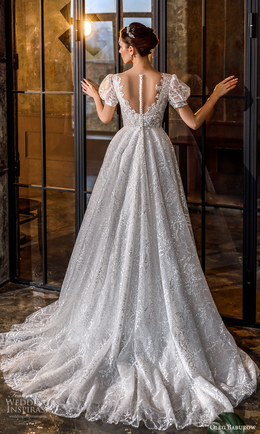 oleg baburow fall 2021 bridal short puff sleeves sweetheart neckline fully embellished a line ball gown fairytale princess wedding dress chapel train (17) bv