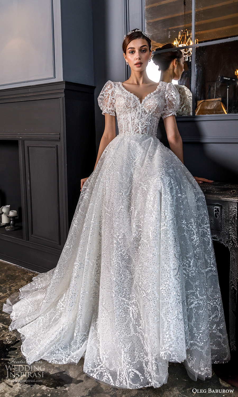 oleg baburow fall 2021 bridal short puff sleeves sweetheart neckline fully embellished a line ball gown fairytale princess wedding dress chapel train (17) mv