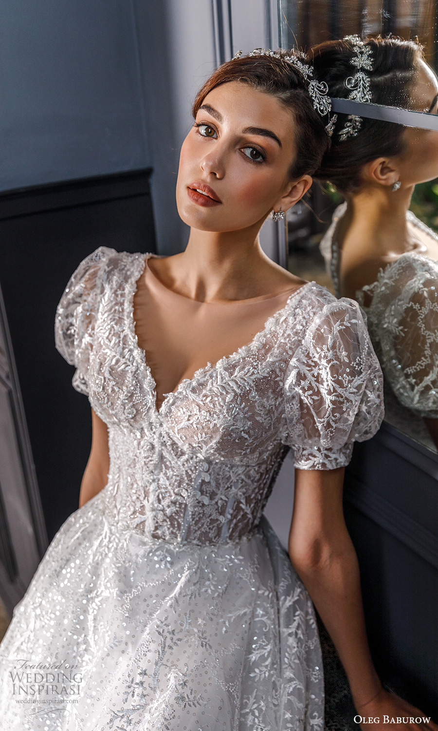 oleg baburow fall 2021 bridal short puff sleeves sweetheart neckline fully embellished a line ball gown fairytale princess wedding dress chapel train (17) zv