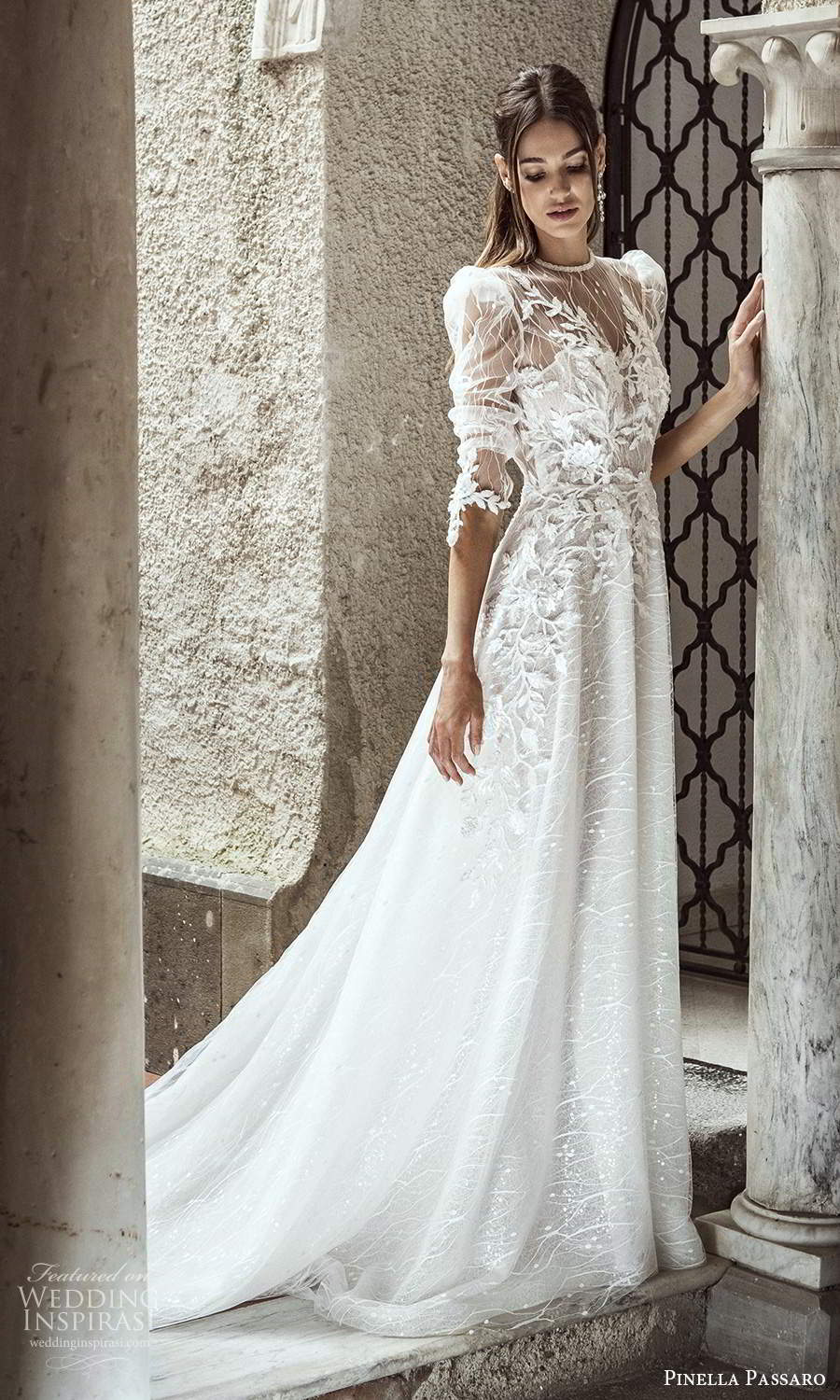 pinella passaro 2021 bridal 3 quarter puff sleeves sheer jewel neck sweetheart neckline fully embellished lace a line ball gown wedding dress chapel train (5) mv pinella passaro 2021 bridal 3 quarter puff sleeves sheer jewel neck sweetheart neckline fully embellished lace a line ball gown wedding dress chapel train (5) mv