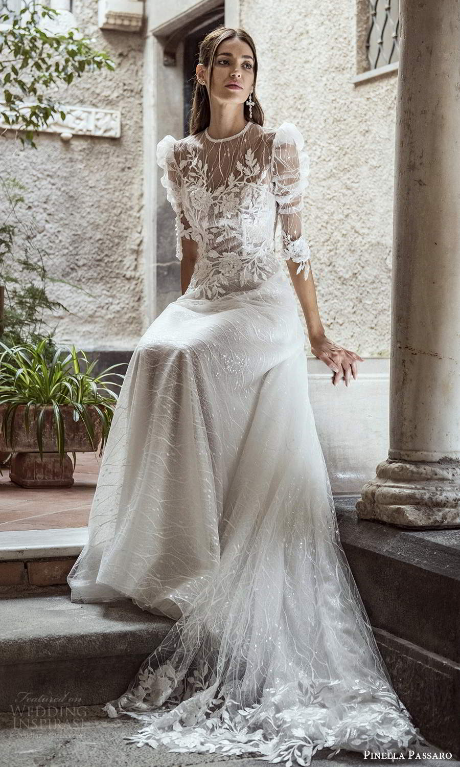 pinella passaro 2021 bridal 3 quarter puff sleeves sheer jewel neck sweetheart neckline fully embellished lace a line ball gown wedding dress chapel train (5) zv pinella passaro 2021 bridal 3 quarter puff sleeves sheer jewel neck sweetheart neckline fully embellished lace a line ball gown wedding dress chapel train (5) zv