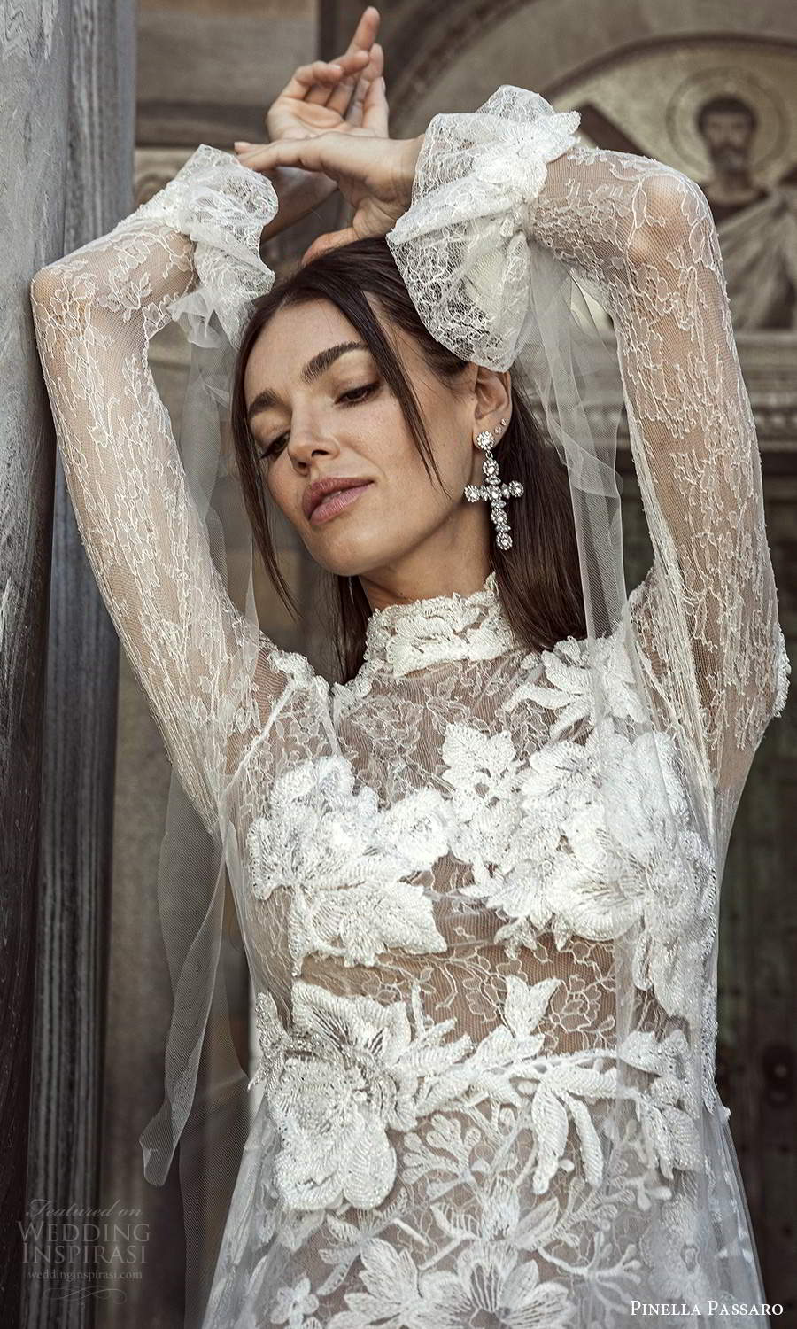 pinella passaro 2021 bridal flare long sleeves high neckline fully embellished lace a line wedding dress chapel train (8) zv