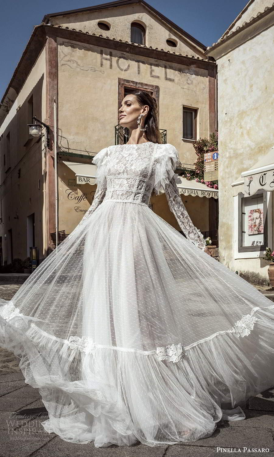 pinella passaro 2021 bridal long flutter sleeves jewel neckline fully embellished lace a line boho wedding dress chapel train (21) mv