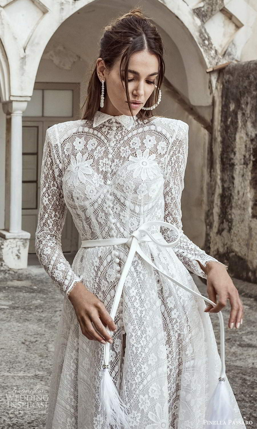 pinella passaro 2021 bridal long sleeves collar neckline fully embellished lace a line wedding dress chapel train (4) zv