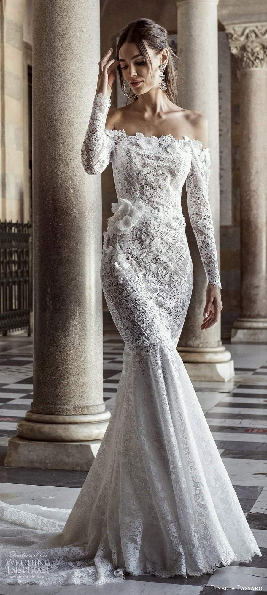 pinella passaro 2021 bridal long sleeves off shoulder straight across neckline fully embellished fit flare mermaid wedding dress chapel train (2) lv pinella passaro 2021 bridal long sleeves off shoulder straight across neckline fully embellished fit flare mermaid wedding dress chapel train (2) lv