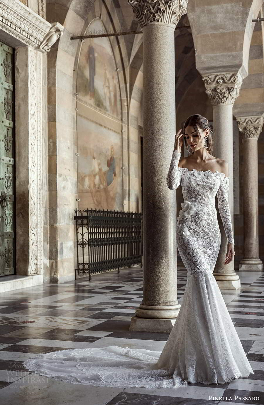 pinella passaro 2021 bridal long sleeves off shoulder straight across neckline fully embellished fit flare mermaid wedding dress chapel train (2) mv pinella passaro 2021 bridal long sleeves off shoulder straight across neckline fully embellished fit flare mermaid wedding dress chapel train (2) mv