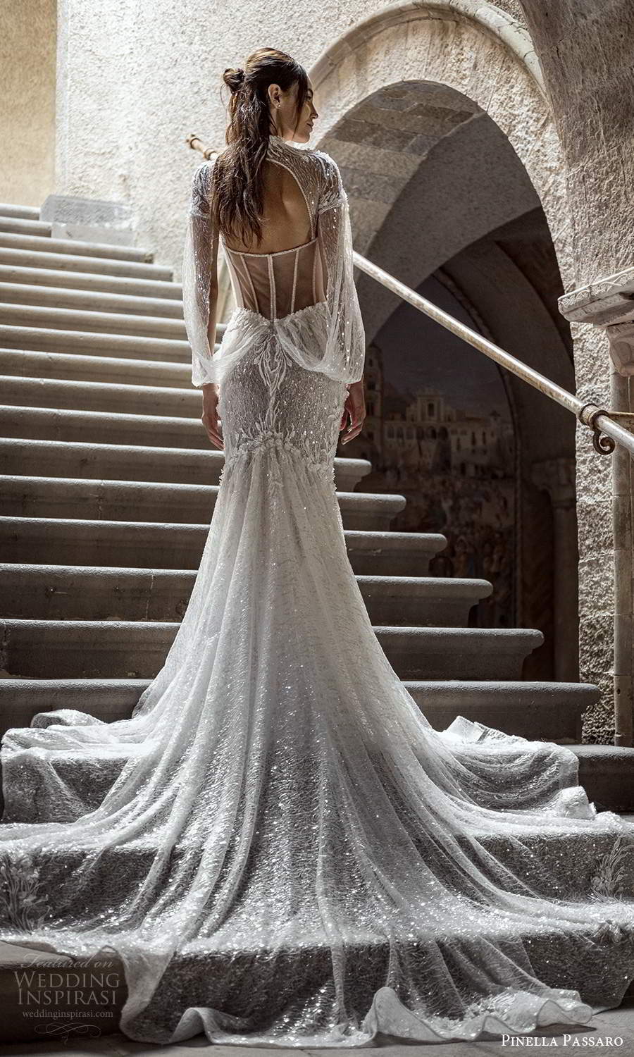 pinella passaro 2021 bridal long split sleeves sheer high neck sweetheart neckline fully embellished fit flare mermaid wedding dress chapel train cutout sheer back (1) bv pinella passaro 2021 bridal long split sleeves sheer high neck sweetheart neckline fully embellished fit flare mermaid wedding dress chapel train cutout sheer back (1) bv