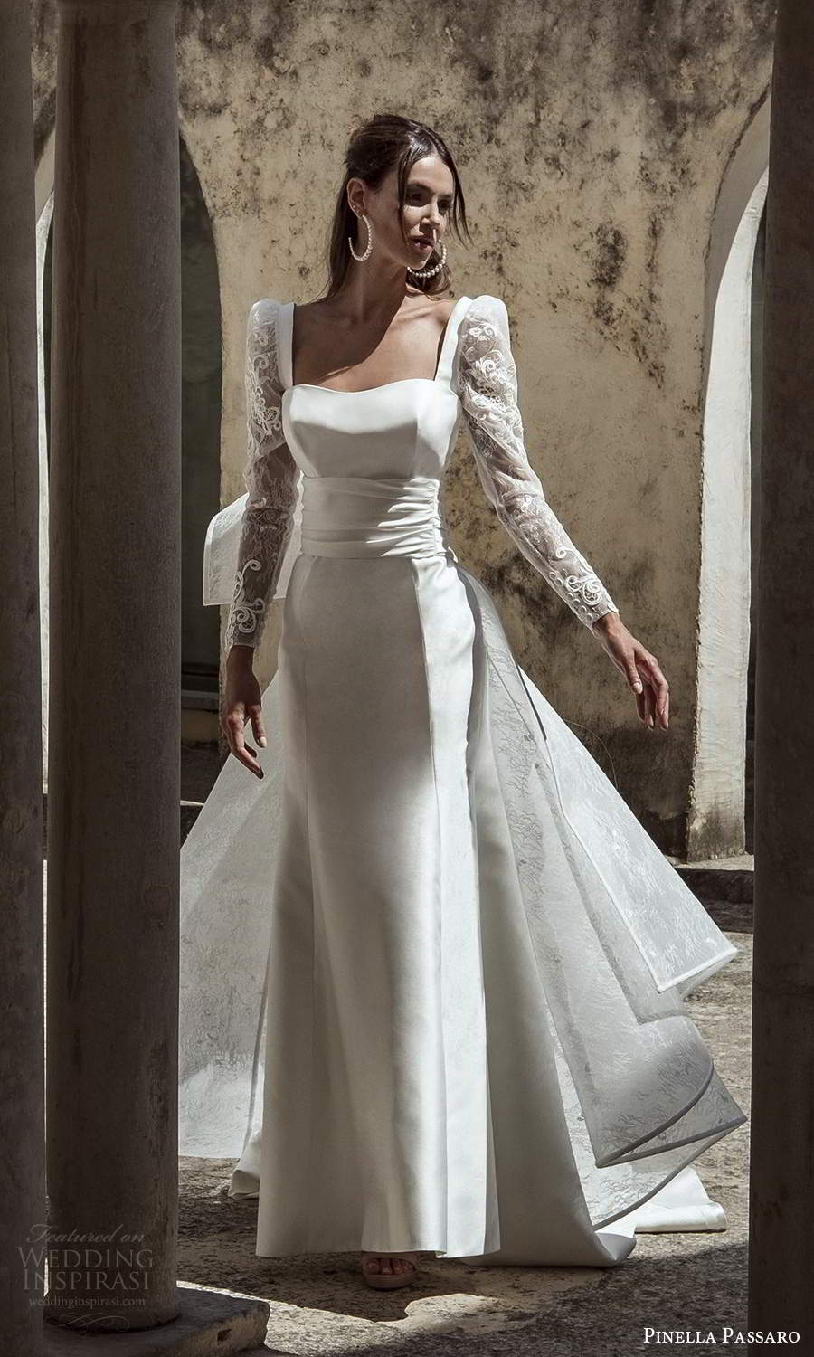 pinella passaro 2021 bridal sheer long puff sleeves semi sweetheart neckline clean minimalist sheath wedding dress a line overskirt chapel train (11) mv pinella passaro 2021 bridal sheer long puff sleeves semi sweetheart neckline clean minimalist sheath wedding dress a line overskirt chapel train (11) mv