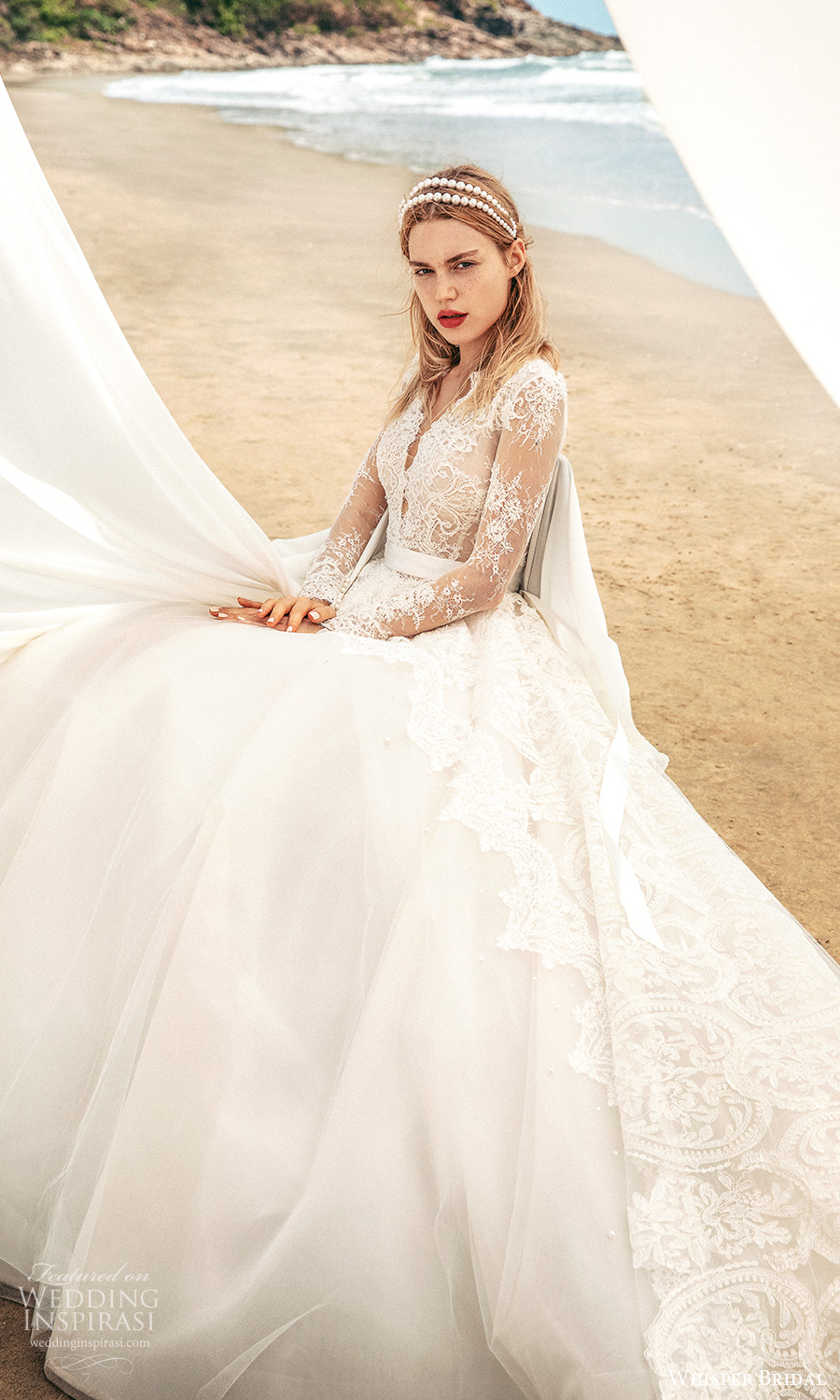 whisper bridal spring 2021 bridal illusion long sleeves plunging v neckline lace bodice a line ball gown wedding dress chapel train (12) mv