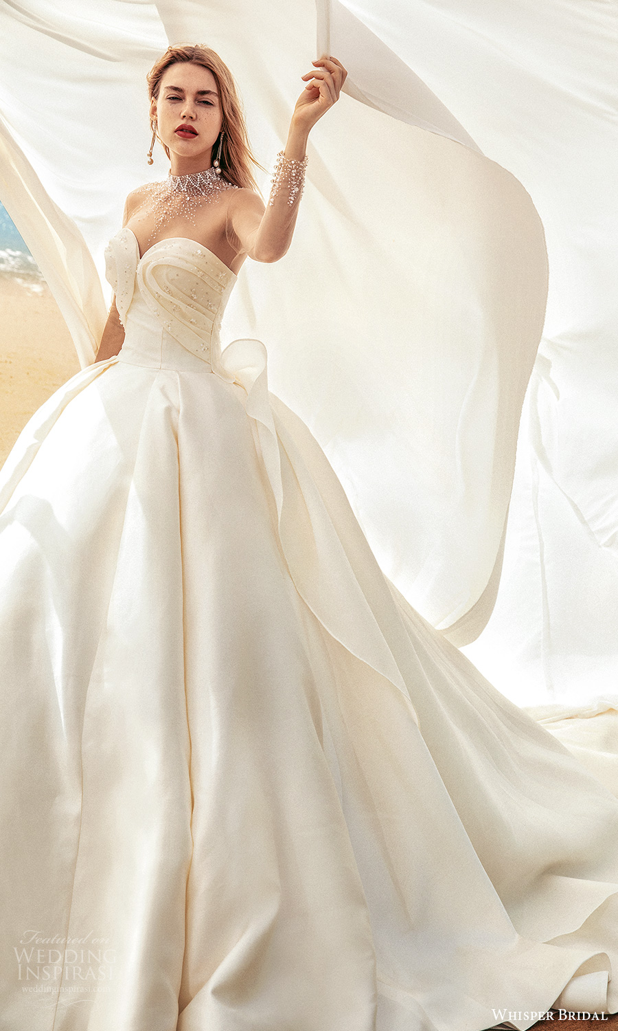 whisper bridal spring 2021 bridal illusion long sleeves sheer high neck sweetheart neckline ruched bodice clean minimalist a line ball gown wedding dress chapel train (2) mv whisper bridal spring 2021 bridal illusion long sleeves sheer high neck sweetheart neckline ruched bodice clean minimalist a line ball gown wedding dress chapel train (2) mv
