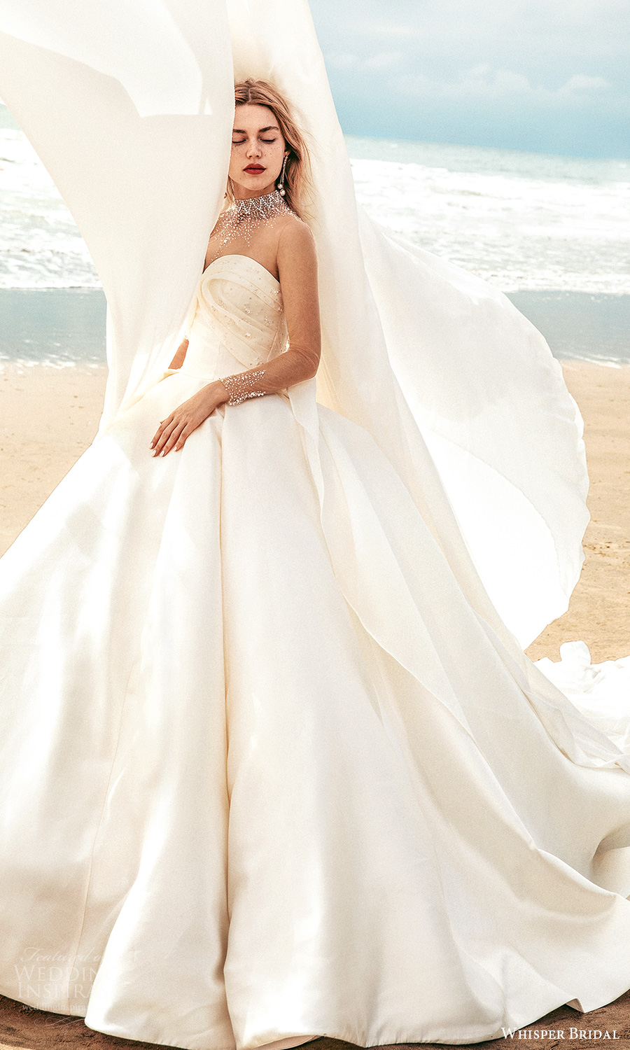 whisper bridal spring 2021 bridal illusion long sleeves sheer high neck sweetheart neckline ruched bodice clean minimalist a line ball gown wedding dress chapel train (2) sv whisper bridal spring 2021 bridal illusion long sleeves sheer high neck sweetheart neckline ruched bodice clean minimalist a line ball gown wedding dress chapel train (2) sv