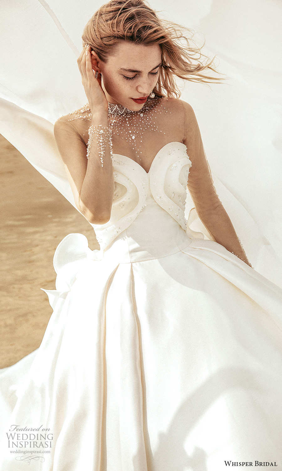 whisper bridal spring 2021 bridal illusion long sleeves sheer high neck sweetheart neckline ruched bodice clean minimalist a line ball gown wedding dress chapel train (2) zv whisper bridal spring 2021 bridal illusion long sleeves sheer high neck sweetheart neckline ruched bodice clean minimalist a line ball gown wedding dress chapel train (2) zv