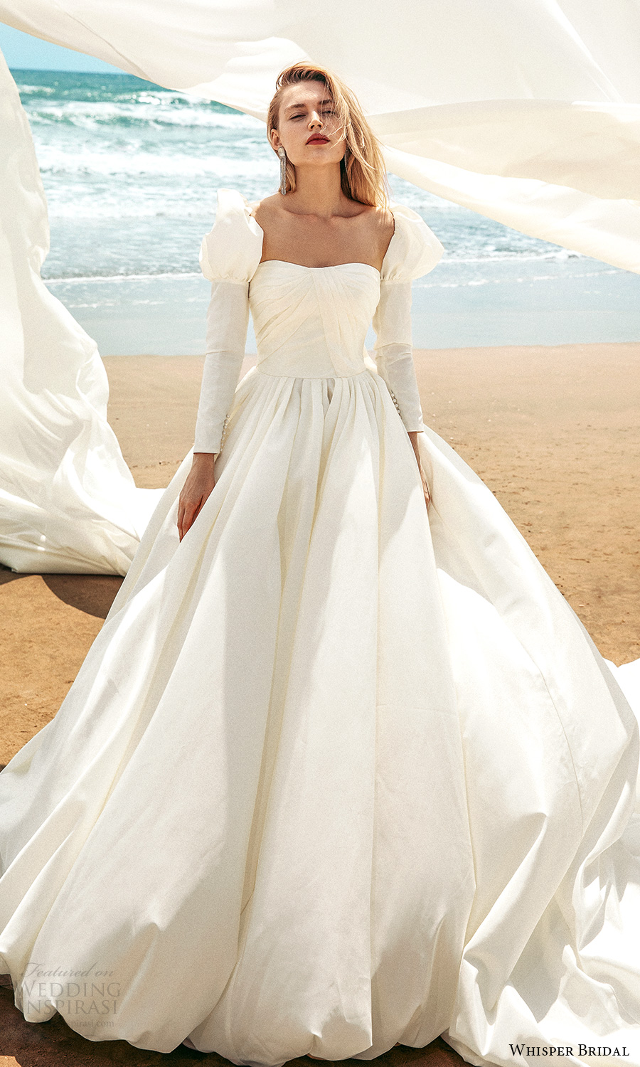 whisper bridal spring 2021 bridal long puff sleeves semi sweetheart neckline clean minimalist a line ball gown wedding dress chapel train (5) mv whisper bridal spring 2021 bridal long puff sleeves semi sweetheart neckline clean minimalist a line ball gown wedding dress chapel train (5) mv