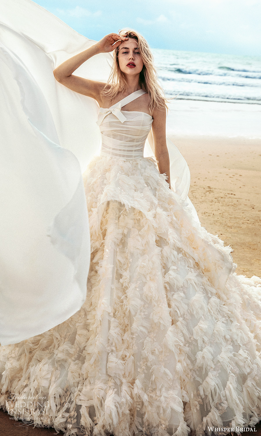 whisper bridal spring 2021 bridal one shoulder strap straight across neckline ruched bodice ruffle skirt a line ball gown wedding dress cathedral train (4) mv whisper bridal spring 2021 bridal one shoulder strap straight across neckline ruched bodice ruffle skirt a line ball gown wedding dress cathedral train (4) mv